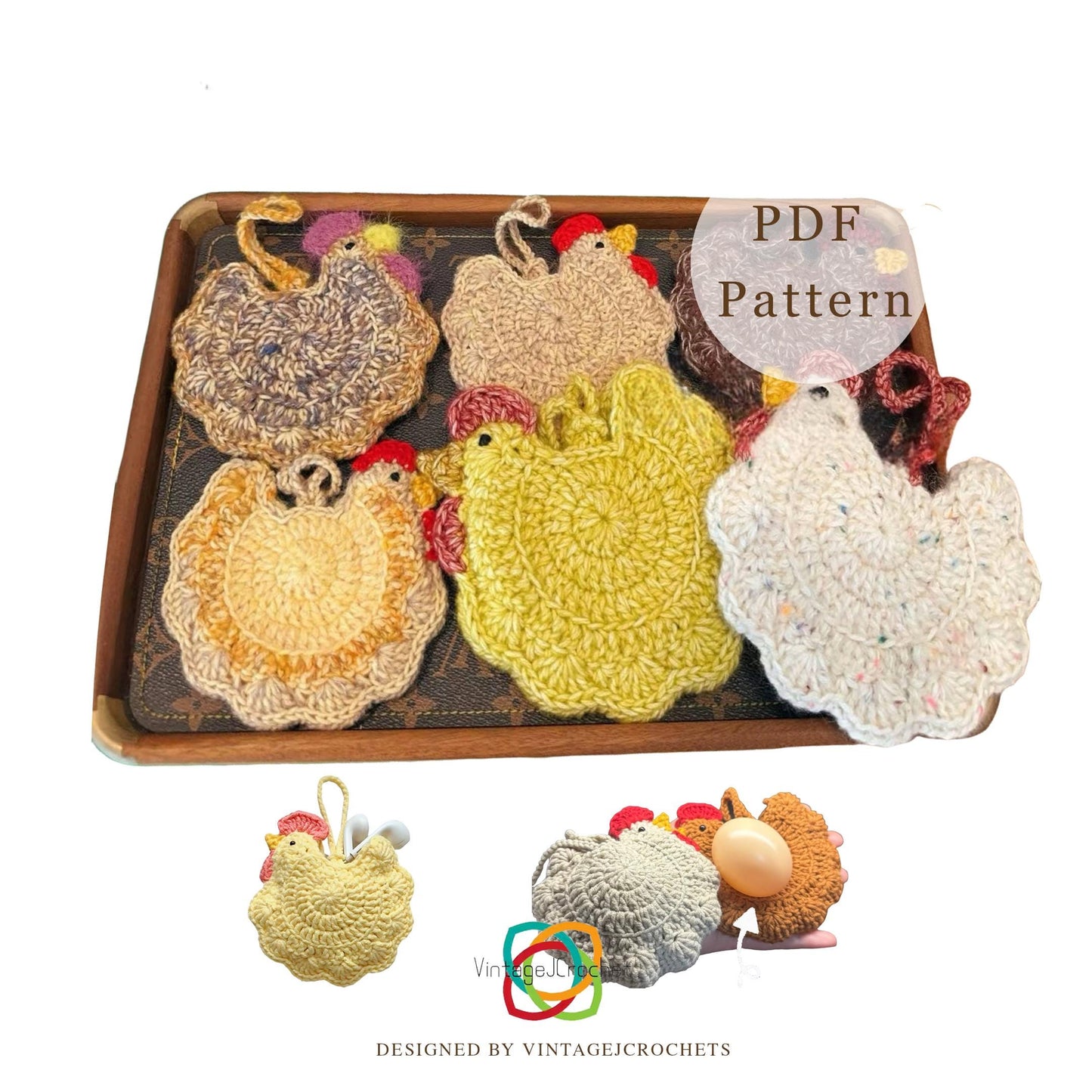 CROCHET PATTERN - Farmhouse Chicken Earbuds Pouch, Crochet Pattern Instant Digital Download, Easy Chicken Crochet, Kitchen pendant