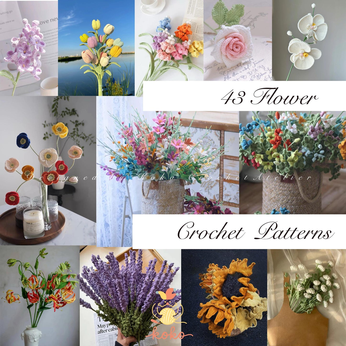 43 in 1 Crochet Flower Pattern Bundle, Tulip, Rose, Flowers and More, Gift for Mom, Wedding Crochet, Amigurumi 43+ Crochet Flower Patterns