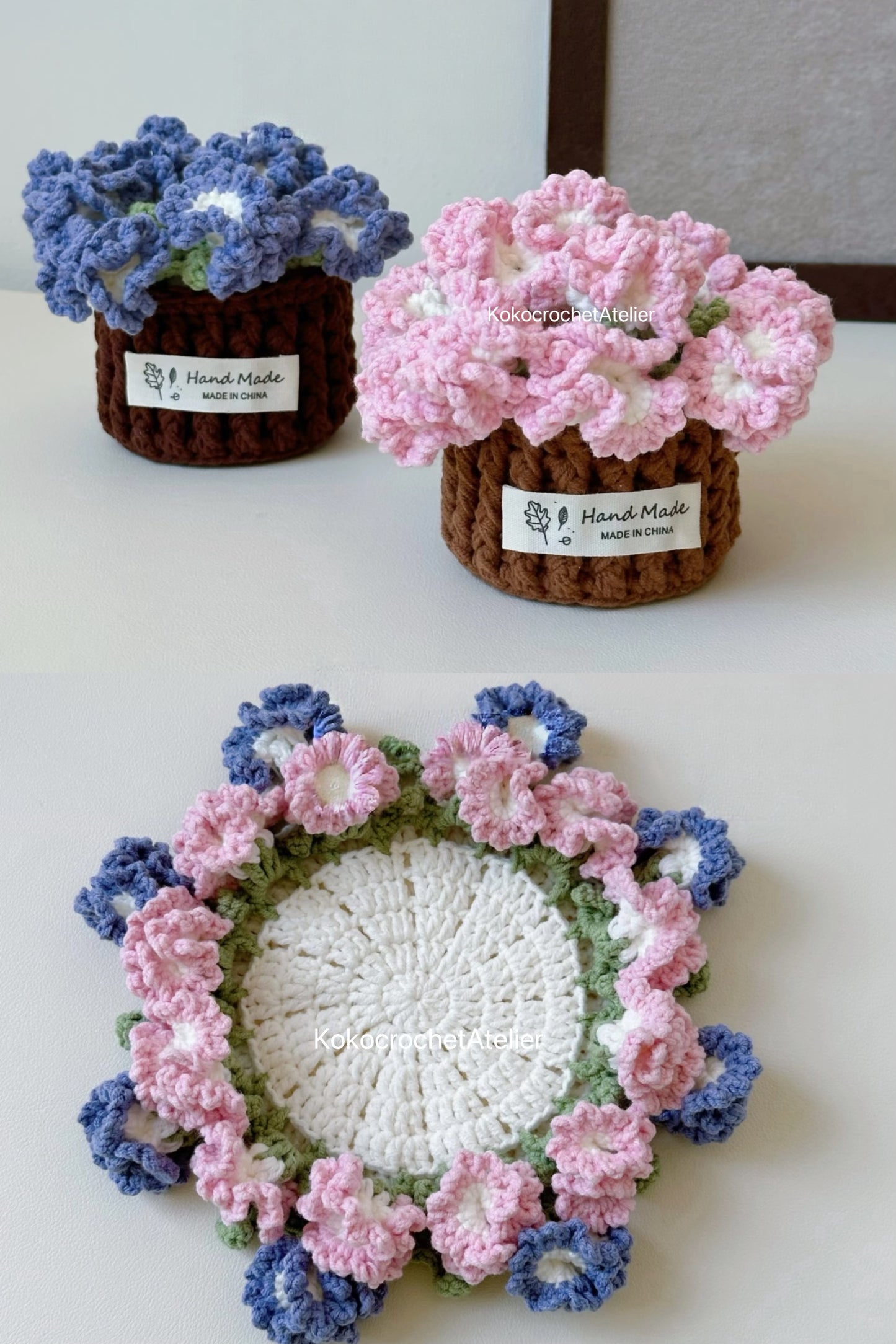 7-in-1 Bloomy Coaster Pot Crochet Pattern Bundle (PDF+Video) | Rose, Sunflowers, Carnations