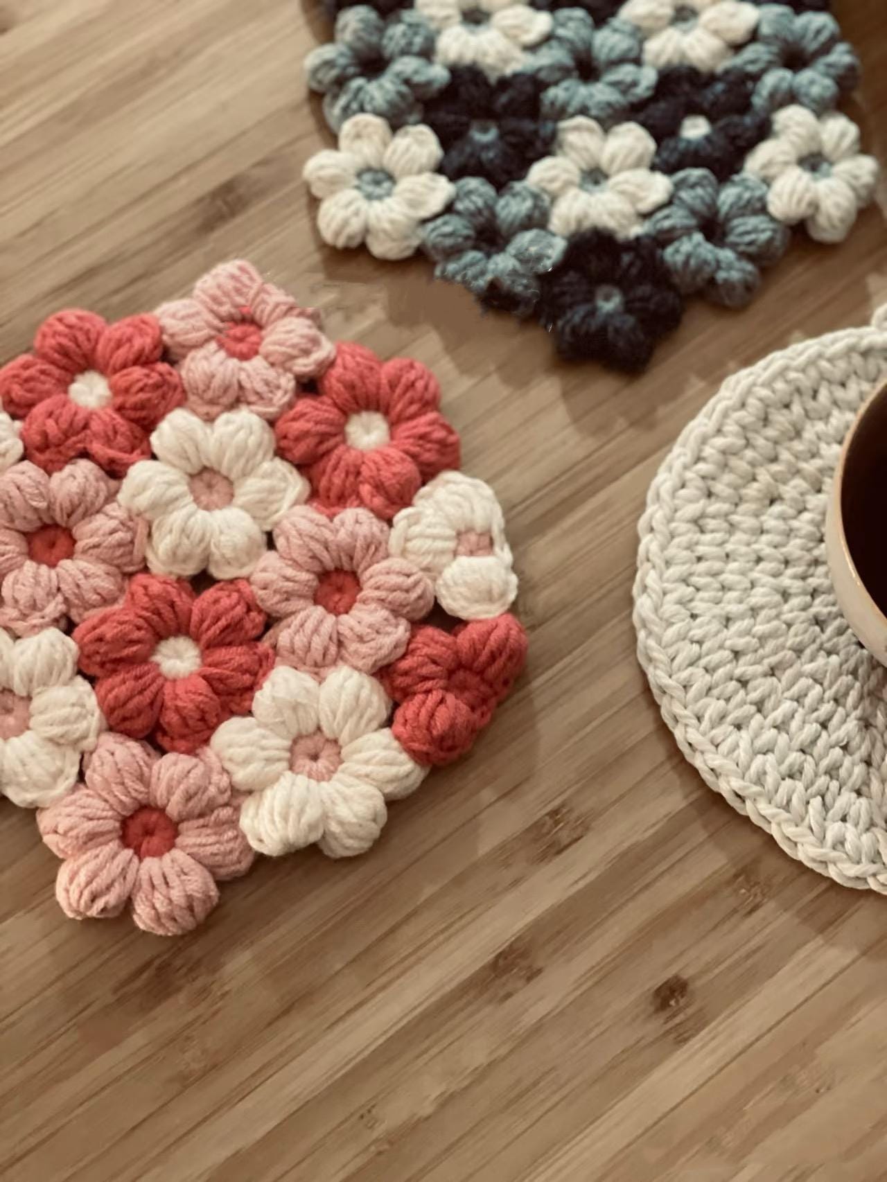CROCHET PATTERN - Puff Flower Coaster Crochet Pattern, Flower Crochet, Handmade gift coasters,