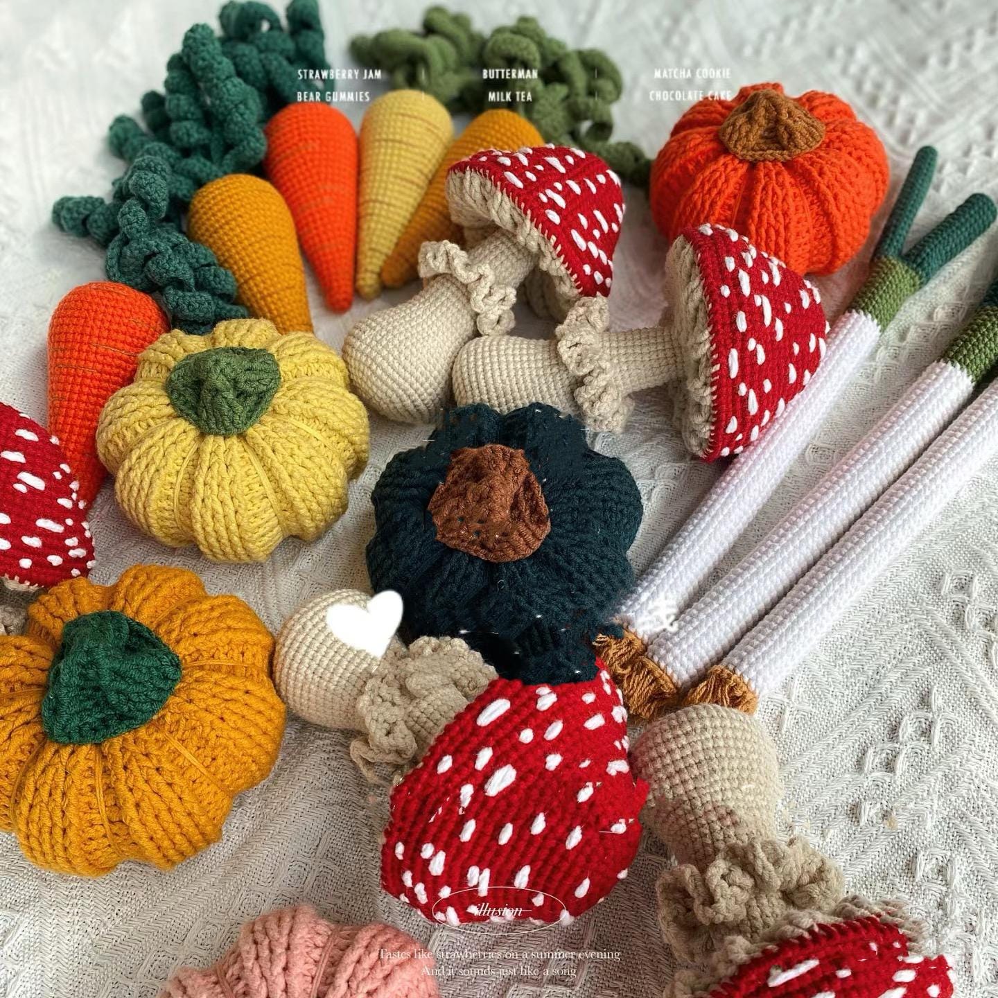 4 in 1 Crochet Patterns, Vegetable Collection: Carrots, pumpkins, mushrooms and green onions Instant Download PDF,unique handmade gifts