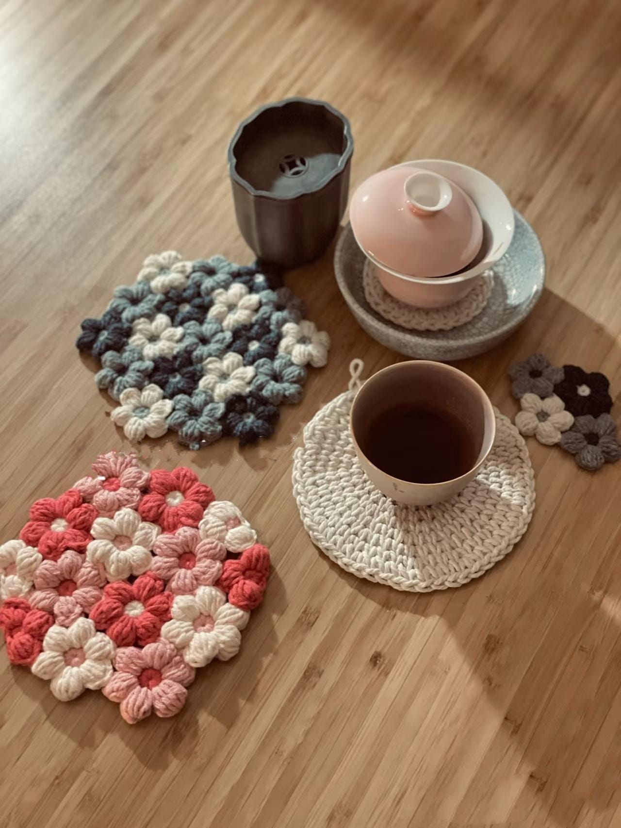 CROCHET PATTERN  - Puff Flower Coaster Crochet Pattern, Flower Crochet, Handmade gift coasters,