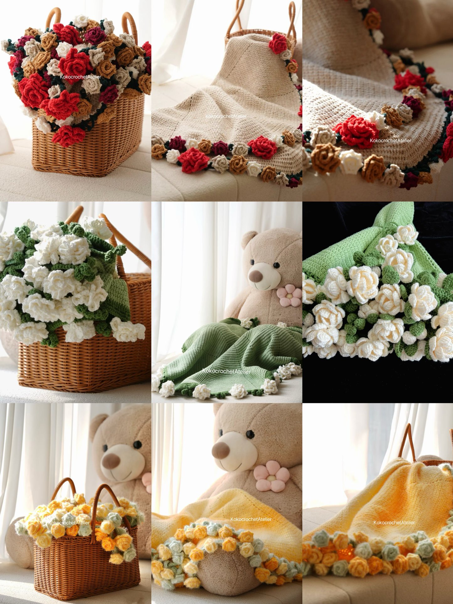 9-in-1 Flower Bouquet Blanket Crochet Pattern – PDF+ Video Tutorial,  Sunflower, Rose, Jasmine, Hydrangea, Mother’s Day Gift for Mom