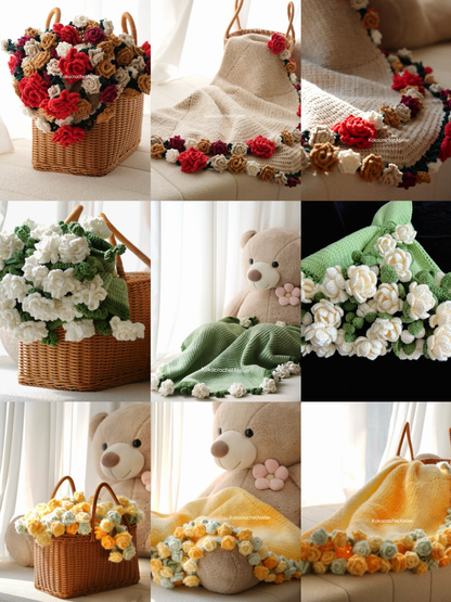 9-in-1 Flower Bouquet Blanket Crochet Pattern – PDF+ Video Tutorial,  Sunflower, Rose, Jasmine, Hydrangea, Mother’s Day Gift for Mom