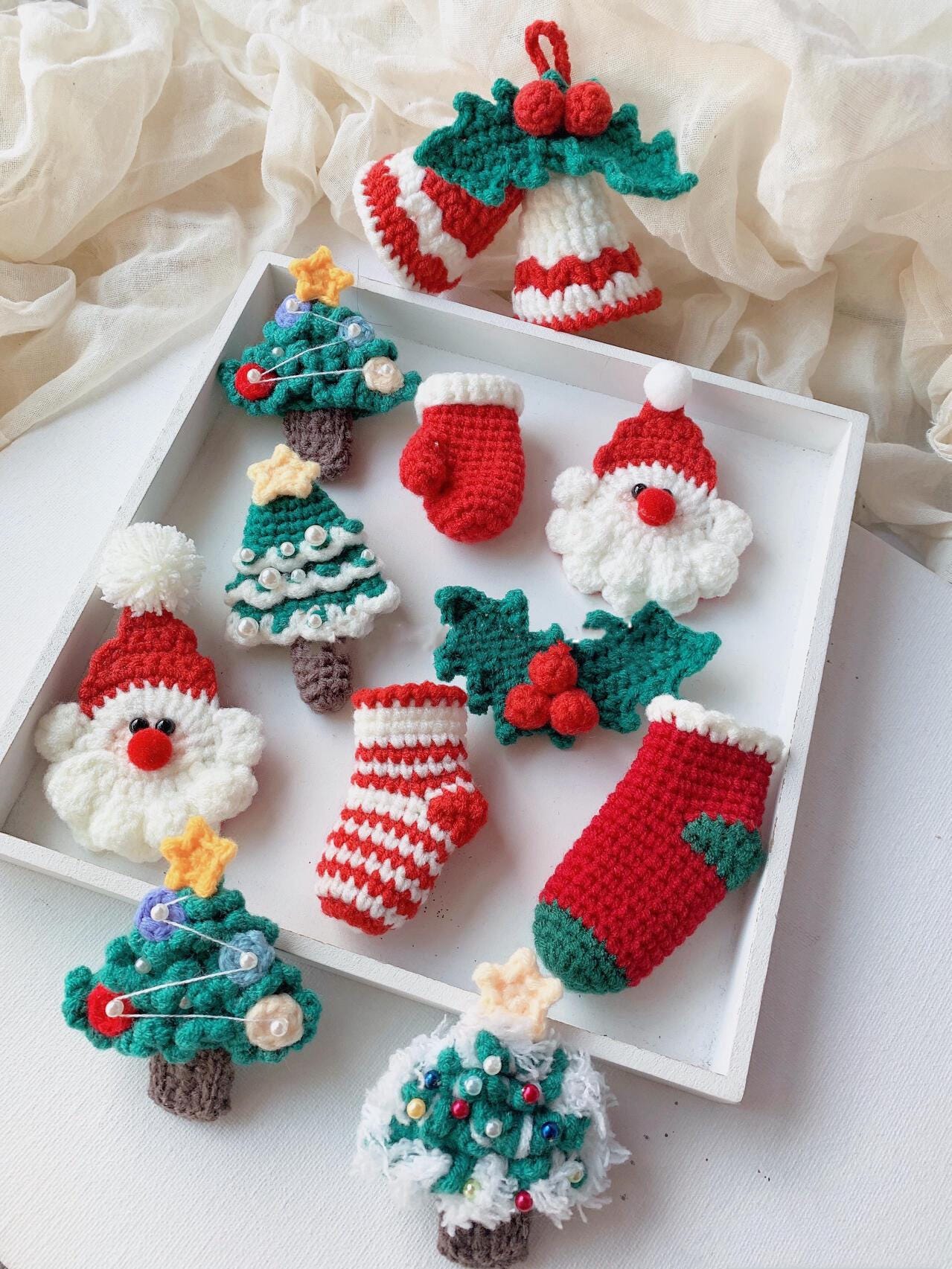 10 in 1 crochet pattern, Christmas tree + Stockings + Santa Claus + Christmas Bells + Christmas Leaves, and more,