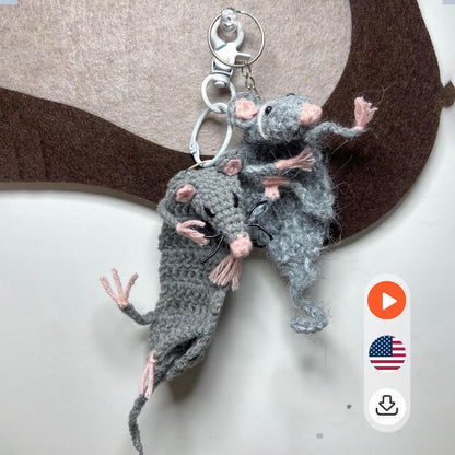 PDF+ Video Funny Crochet Rat Pattern, Hanging Amigurumi Mouse Bag Charm, Quirky Crochet Animal PDF, Rat Ornament, Handmade Gift