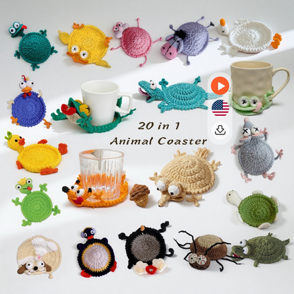 20-in-1 Animal Crochet Coaster Patterns, Mug Hugger Bundle, animals cup holder (PDF + VIDEO TUTORIAL)