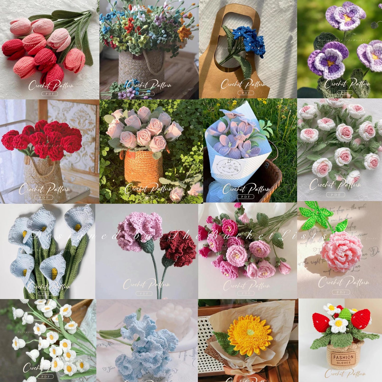 43 in 1 Crochet Flower Pattern Bundle, Tulip, Rose, Flowers and More, Gift for Mom, Wedding Crochet, Amigurumi 43+ Crochet Flower Patterns