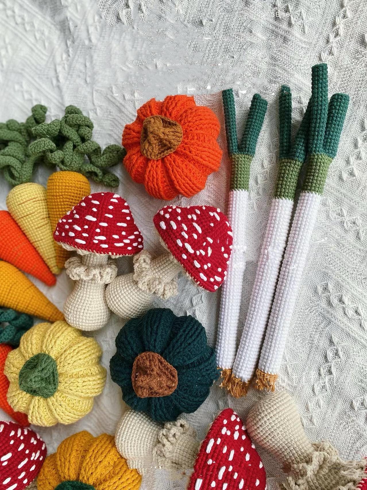 4 in 1 Crochet Patterns, Vegetable Collection: Carrots, pumpkins, mushrooms and green onions Instant Download PDF,unique handmade gifts