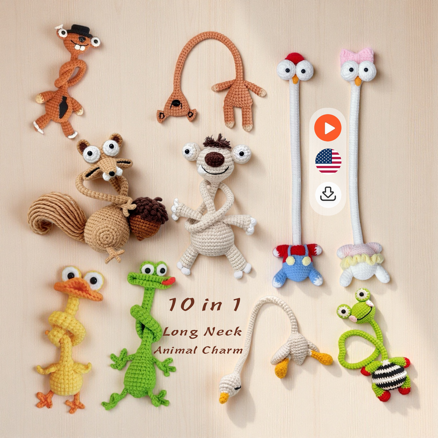10 in 1 Long Neck Animal Charm Crochet Pattern | Amigurumi Keychain(PDF + VIDEO TUTORIAL)