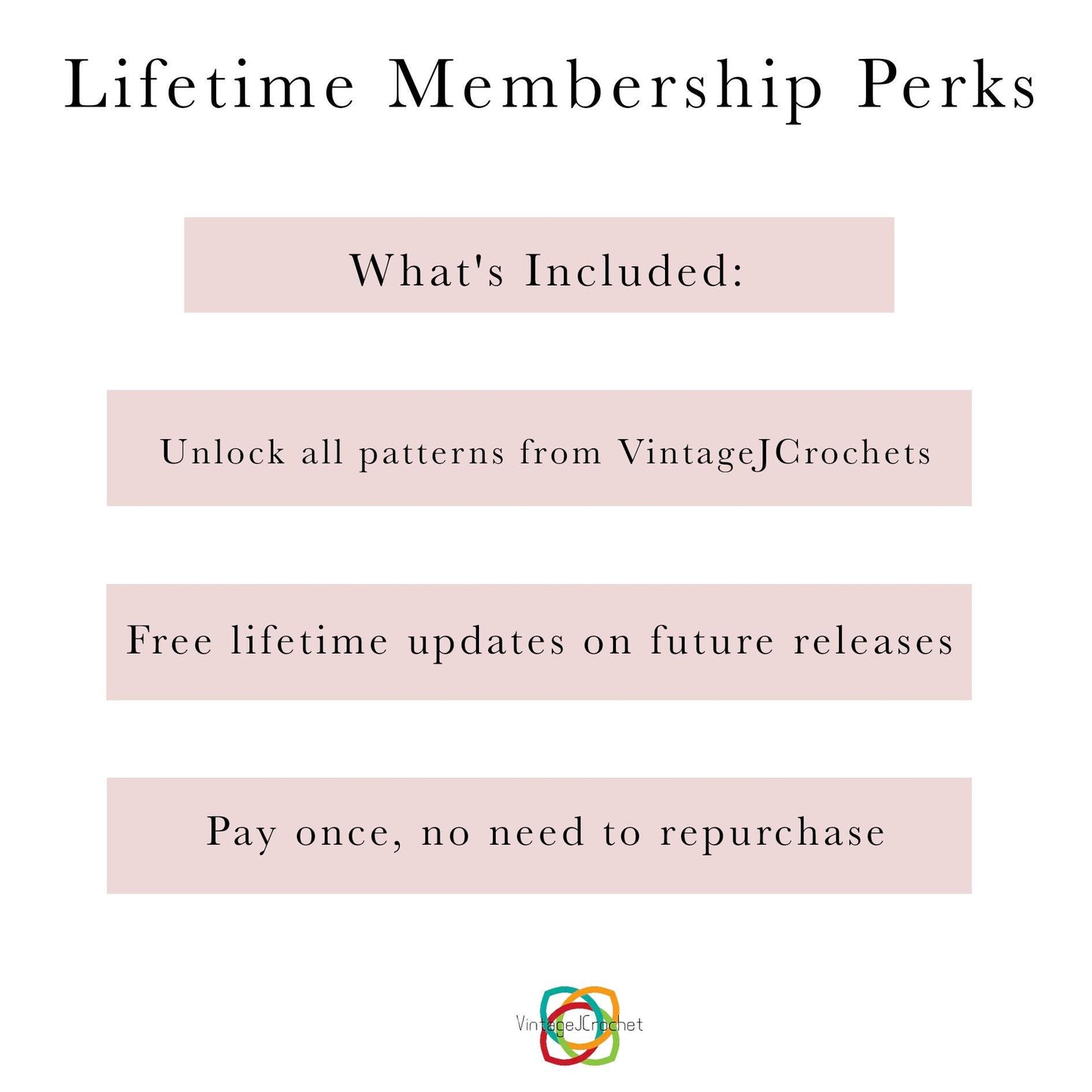 Lifetime Crochet Pattern Membership · Unlimited Access to VintageJCrochets Store · One-Time Payment PDF Pattern Bundle