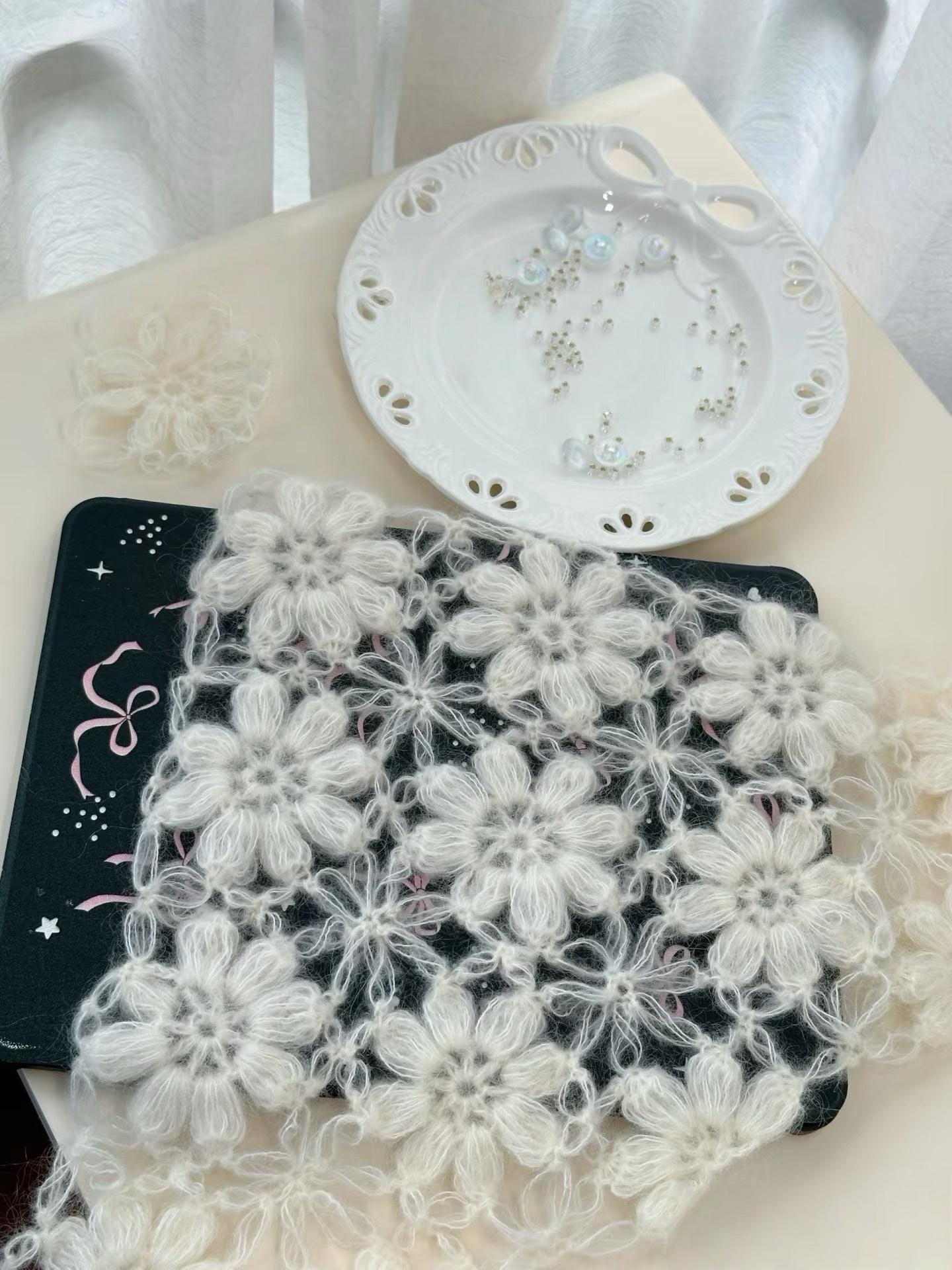 Puff Flower Crochet Bandana Pattern – Floral Triangle Head Scarf PDF