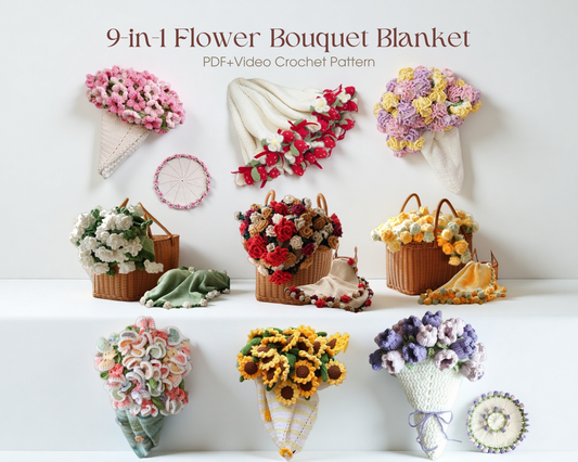 9-in-1 Flower Bouquet Blanket Crochet Pattern – PDF+ Video Tutorial,  Sunflower, Rose, Jasmine, Hydrangea, Mother’s Day Gift for Mom