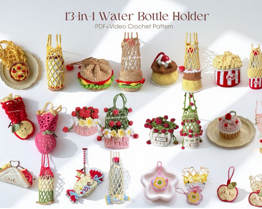 13-in-1 Crochet Water Bottle Holder Pattern Bundle, Cup Sleeve and Bag Charm Set, PDF + Video Tutorial, Kawaii Bottle Accessories