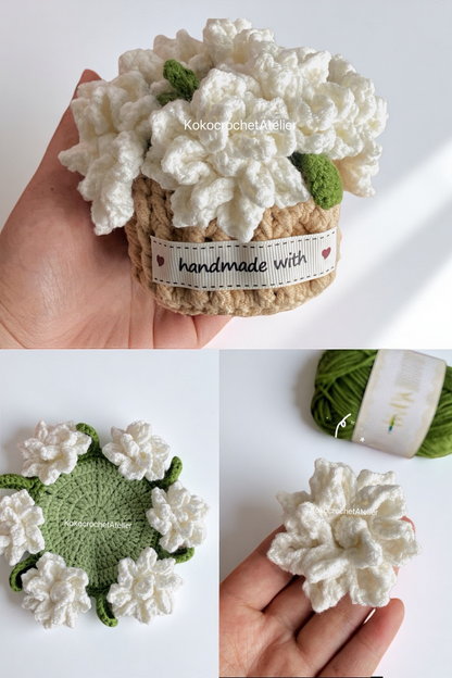 7-in-1 Bloomy Coaster Pot Crochet Pattern Bundle (PDF+Video) | Rose, Sunflowers, Carnations