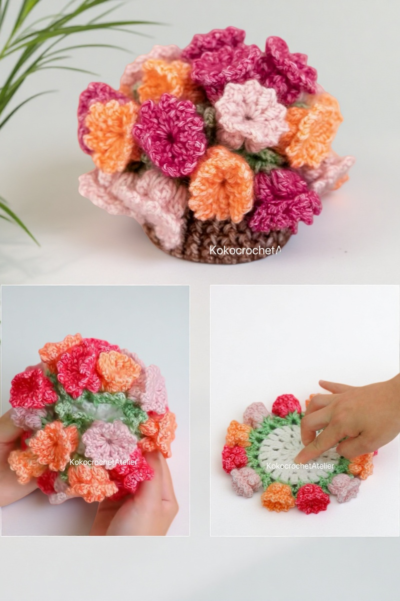 7-in-1 Bloomy Coaster Pot Crochet Pattern Bundle (PDF+Video) | Rose, Sunflowers, Carnations