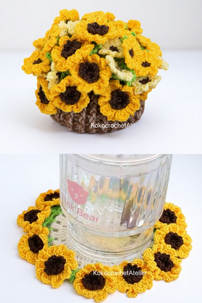 7-in-1 Bloomy Coaster Pot Crochet Pattern Bundle (PDF+Video) | Rose, Sunflowers, Carnations