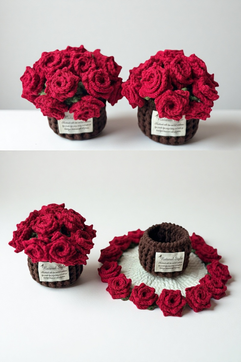 7-in-1 Bloomy Coaster Pot Crochet Pattern Bundle (PDF+Video) | Rose, Sunflowers, Carnations