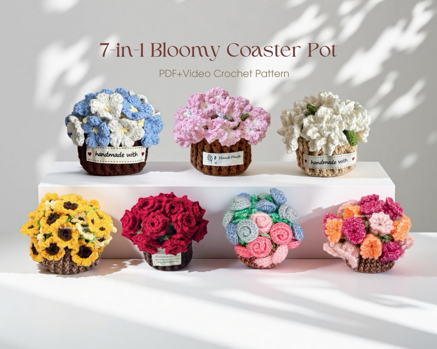 7-in-1 Bloomy Coaster Pot Crochet Pattern Bundle (PDF+Video) | Rose, Sunflowers, Carnations