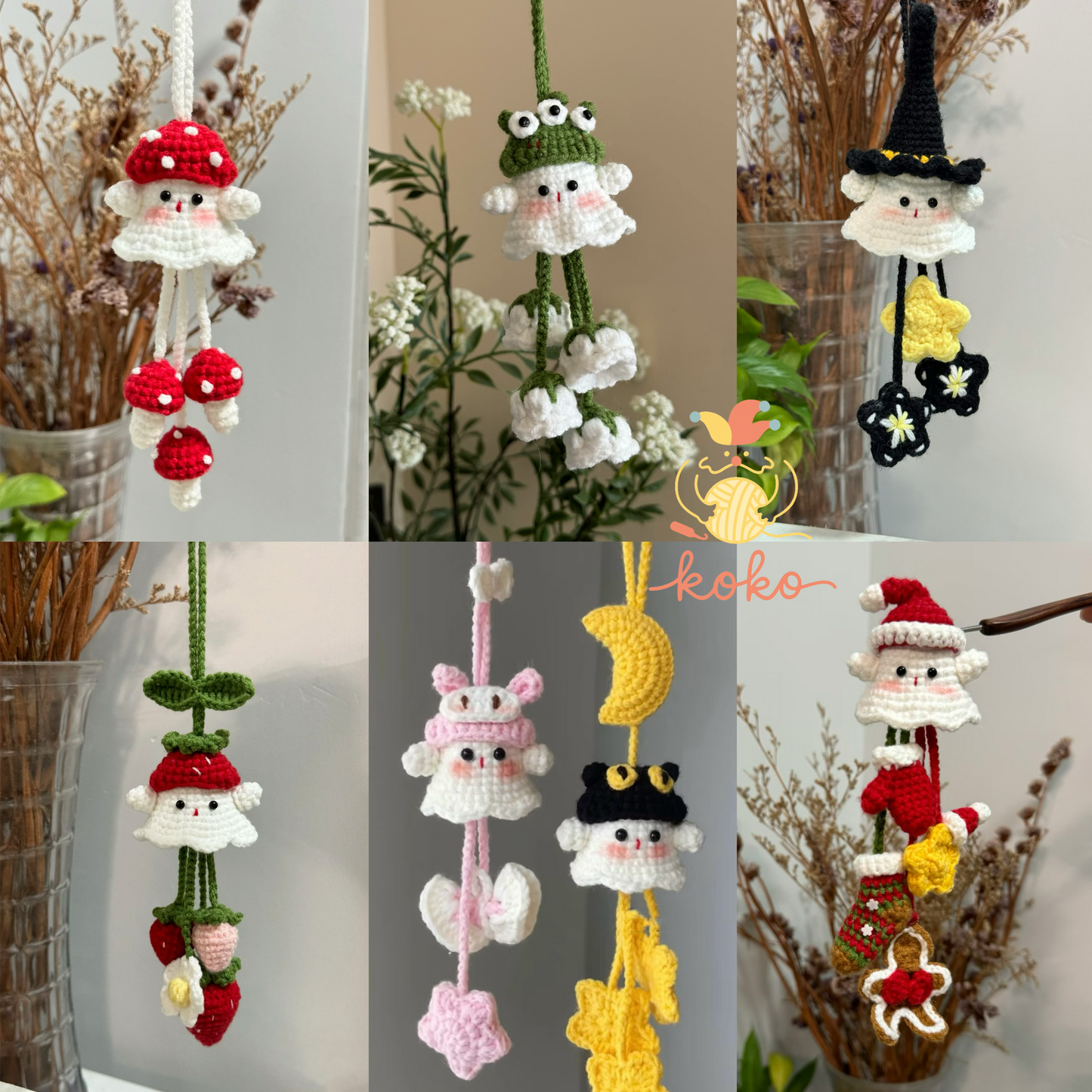 7-in-1 Halloween Ghost Car Charm Crochet Pattern – Cute Spooky car Hanging pendant, Amigurumi PDF Gift for Halloween Decor，Car ghost hanger