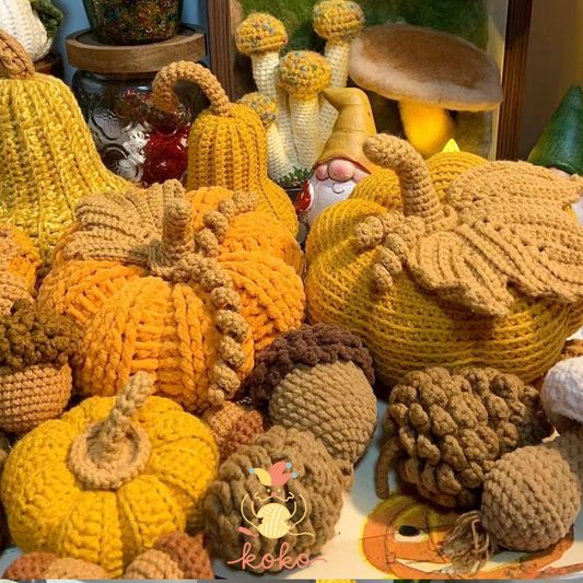 9-in-1 Crochet Pattern，3 kinds of pumpkin patterns + 3 kinds of mushroom patterns + 3 kinds of acorn patterns,