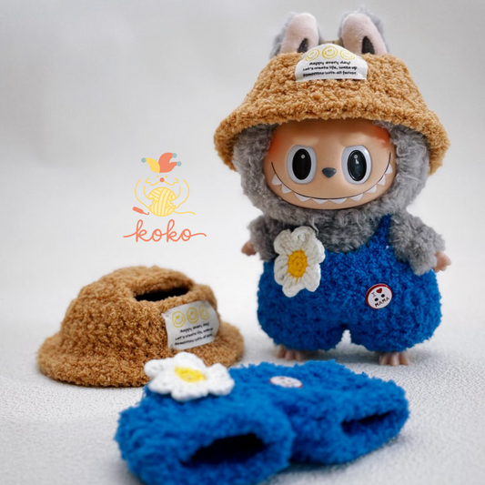 Spring Picnic Labubu Outfit Crochet Pattern · PDF Doll Clothes · Cute Overalls & Hat · Kawaii Amigurumi Costume for Labubu Fans