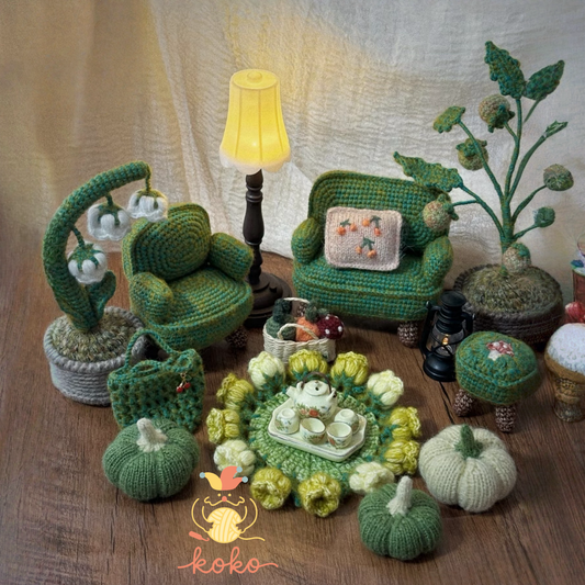 7-in-1 Mini Crochet House Pattern – DIY Cozy Dollhouse Furniture PDF, Sof, Chair, Potted Plant, Bag, Coaster, Amigurumi Room Decor