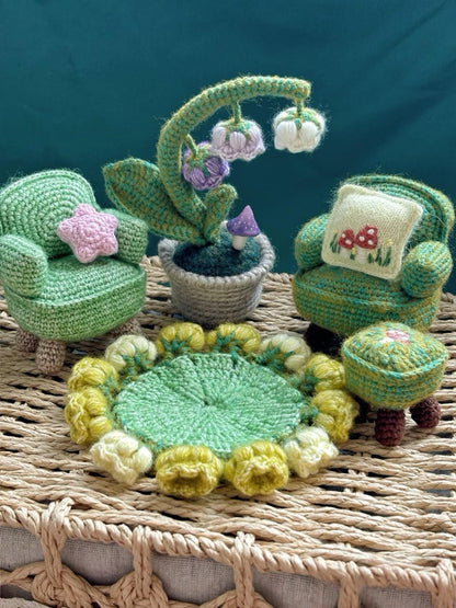 7-in-1 Mini Crochet House Pattern – DIY Cozy Dollhouse Furniture PDF, Sof, Chair, Potted Plant, Bag, Coaster, Amigurumi Room Decor