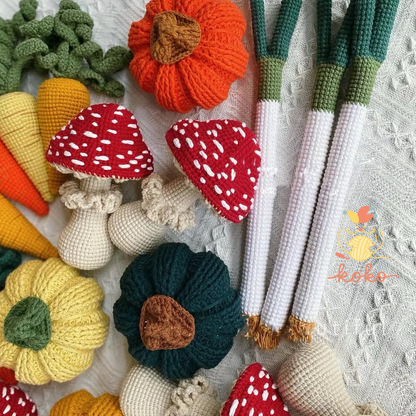 4 in 1 Crochet Patterns, Vegetable Collection: Carrots, pumpkins, mushrooms and green onions Instant Download PDF,unique handmade gifts